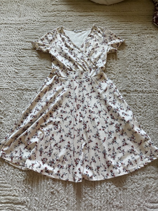 Dresses & Skirts - Floral Wrap-Style Cream Dress with Burgundy & Black Print